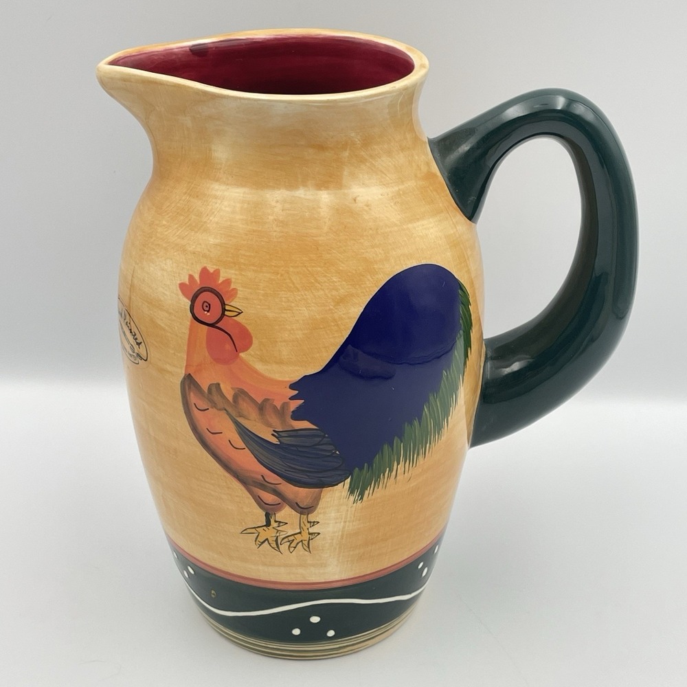 Casa Vero ACK Hand Painted Rooster Pitcher 8" Ceramic Farmhouse Country Jug